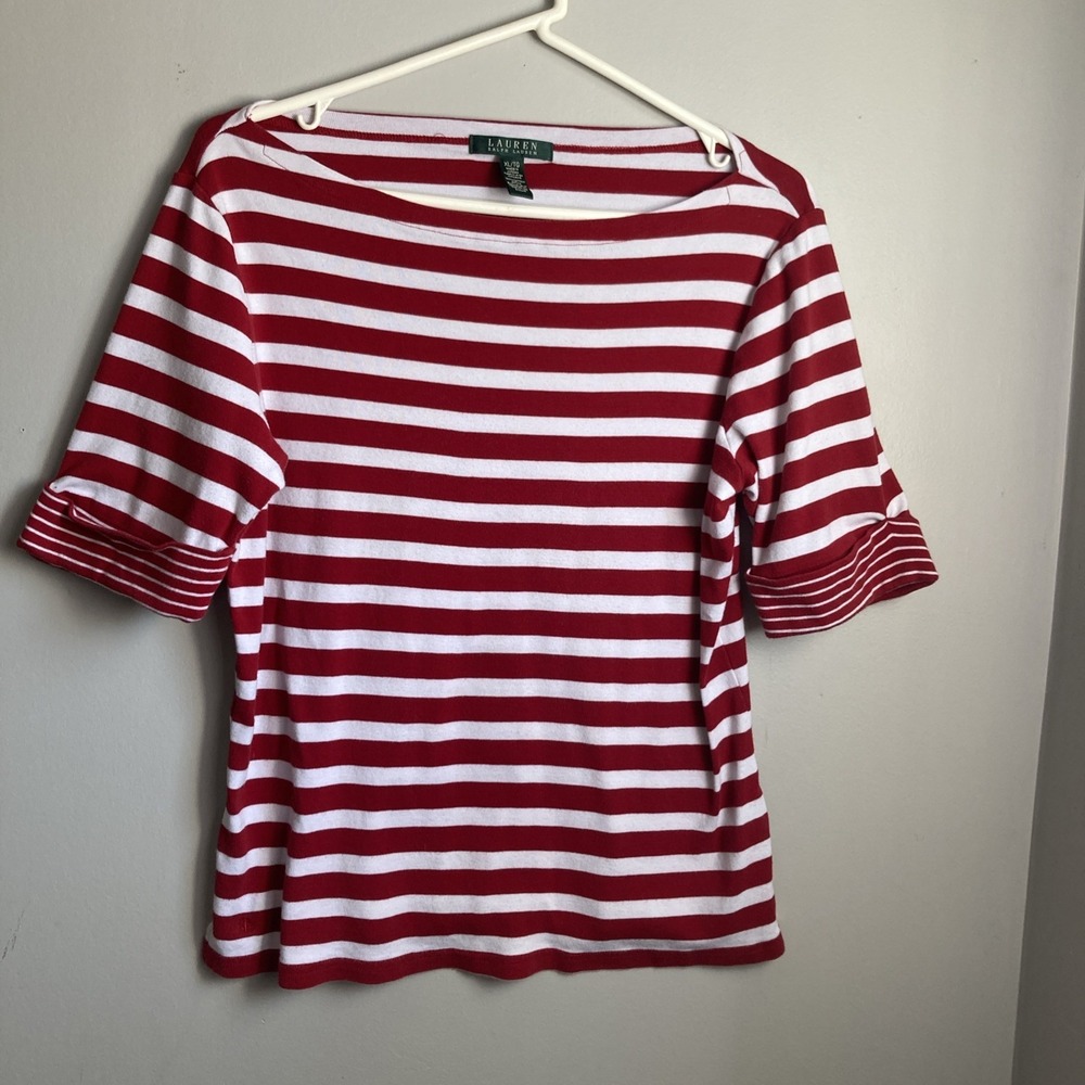 Lauren Ralph Lauren Blouse Womens Size XL Red White Wide Neck Cuff Sleeve Cotton